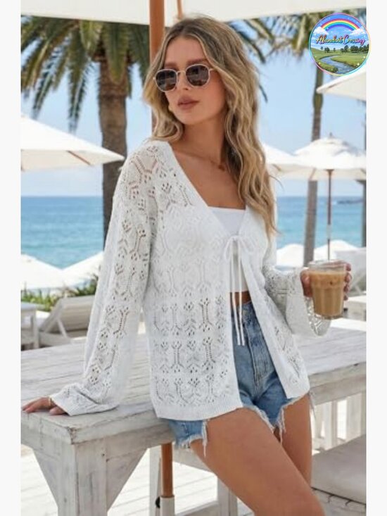 Sweaters - Women's Linen Blend Crochet Cardigan Lightweight Boho Cover Up Beach Resort Wear